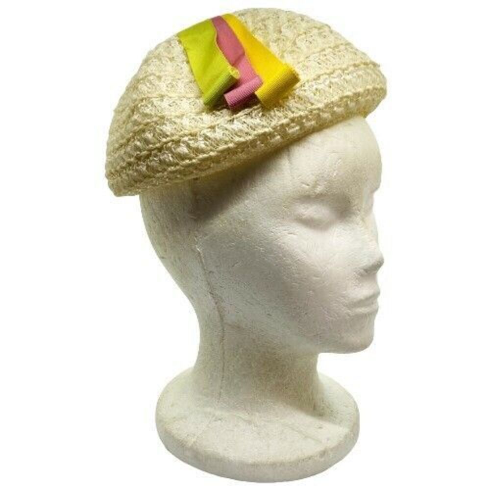 Mr. John Juniorette Girls Straw Cream Beret  Green Pink & Yellow Ribbon Hat Cap